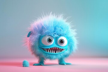 Fototapeta premium adorable 3d cartoon monster with fluffy blue fur googly eyes and a mischievous grin set against a playful pastel background