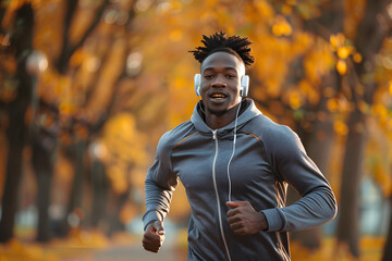 Obraz premium Happy black man jogging in the park while listening to music through his headphones. Candid male running for improved mental health and fitness. Autumn colours.