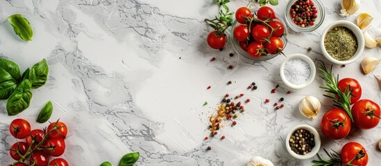 A flat lay image of a cooking scene with cherry tomatoes various herbs and spices on the table with copy space for text or graphics