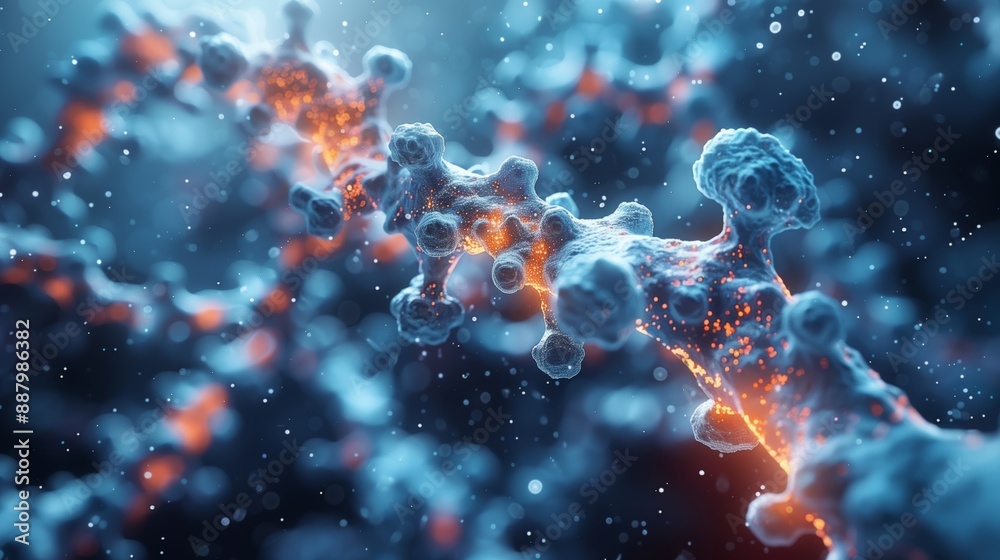 Poster a 3d rendering showcasing the complex structure of nanotechnology in biomedical research.