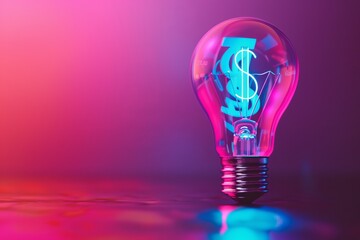 Neon-Lit Lightbulb with Dollar Sign Filament on Pastel Gradient Background