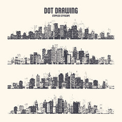 Stippled city silhouettes. Cityscape, town skyline. Midtown, downtown with buildings, houses and skyscrapers. Stippling, dot drawing and shading, stipple pattern, halftone effect. Vector illustration