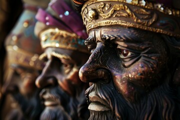 Fototapeta premium Medium Close-Up of Handcrafted Three Wise Men Ceramic Statues with Intricate Details
