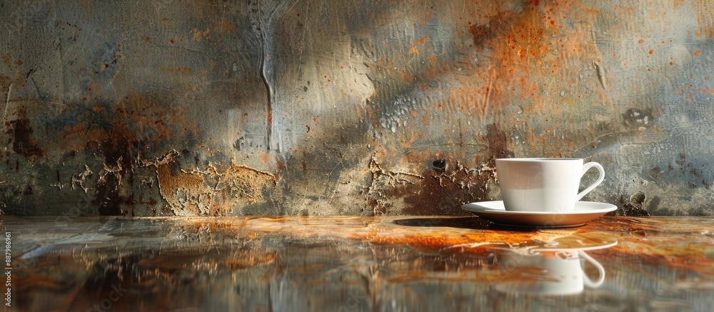 Canvas Prints Morning coffee cup on an aged glass table with empty copy space image