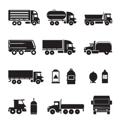 Design very stylish black pictograms that represent truck items icon set.flat. Simple. White background