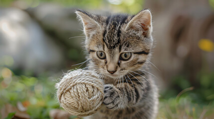 Naklejka premium funny kitten playing with a ball of yarns