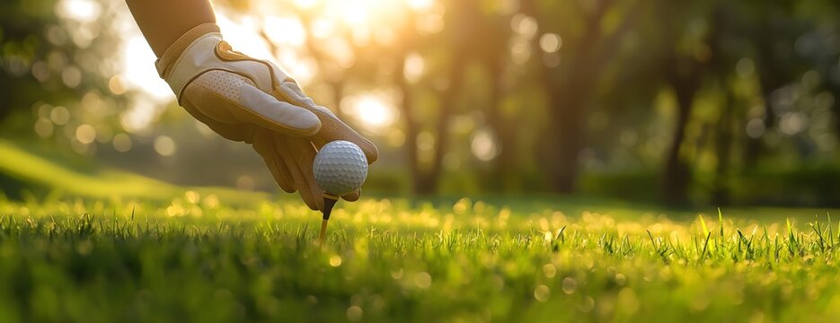 Golf player's hand wearing a glove holding a golf ball on a tee, in a close-up shot with blurred green grass and trees in the background. Banner design