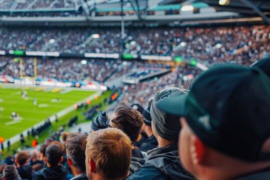 Medium Shot of a Generic American Football Game at Tottenham Hotspur Stadium, London, with Fans in the Stands and Evening Light