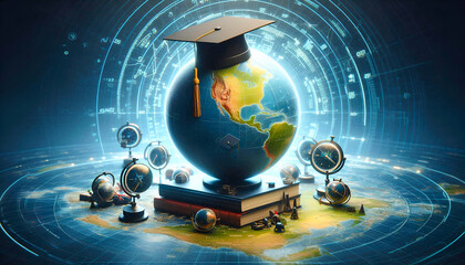 Graduated study abroad international Conceptual, Graduation hat on top Earth globe model map with Radar background. Congratulations to graduates, Studies lead to success in world wide. Back to School.