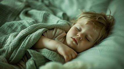 Sleeping child cuddled up in soft blankets