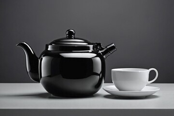 a black teapot and matching cup on a glossy white table.