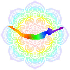 Colorful silhouette of woman practicing Shalabhasana  C yoga pose. Locust III pose. Intermediate Difficulty. Isolated vector illustration