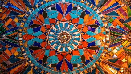 Vibrant Mosaic Mandala Artwork with Intricate Patterns and Vivid Colors Abstract Background