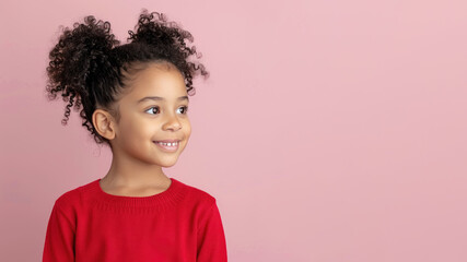 Afro girl in red sweater smile to copy space for text for advertising