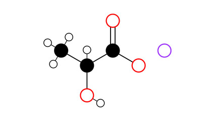 sodium lactate molecule, structural chemical formula, ball-and-stick model, isolated image e325