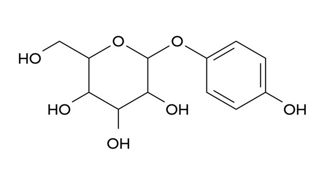 alpha-arbutin molecule, structural chemical formula, ball-and-stick model, isolated image glycosylated