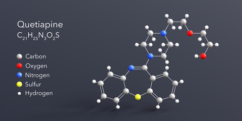quetiapine molecule 3d rendering, flat molecular structure with chemical formula and atoms color coding