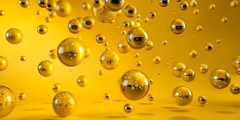 A large number of gold-colored spheres floating in the air