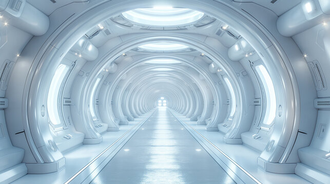 Dimensional image of a futuristic space room in a white and soft silver light style.