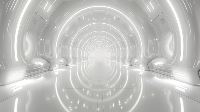 Dimensional image of a futuristic space room in a white and soft silver light style.