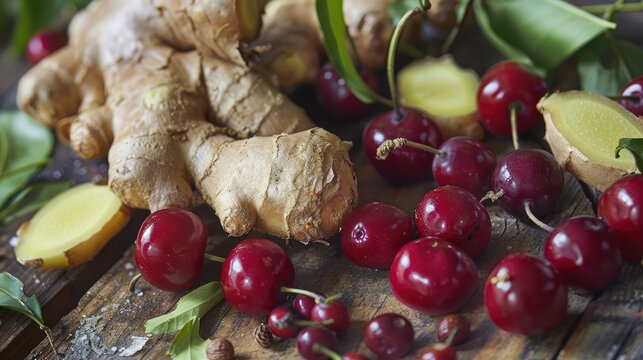Freshly picked cutcherry and fragrant ginger displayed on a wooden surface Spices Culinary item Up close image