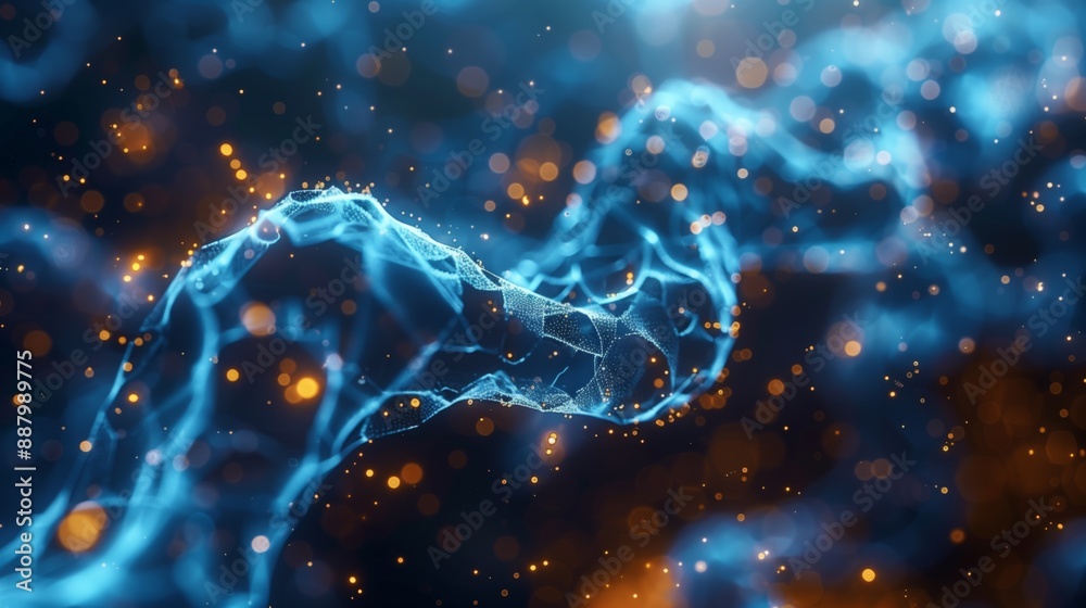 Poster a digitally created abstract image with blue particles swirling in a wave-like motion with a dark ba
