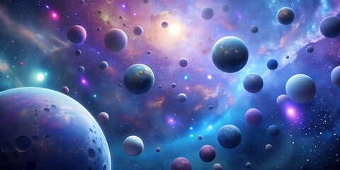 A colorful space scene with many planets and stars
