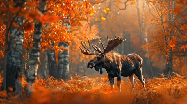 Moose with horns in autumn forest, orange trees, nature morning scene.