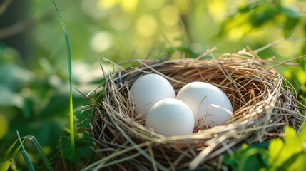 Obraz premium Nest with white eggs, close-up, organic protein product, nature setting.