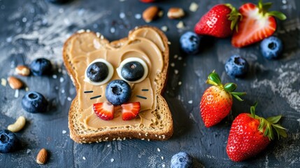 Humorous animal face toast with nut butter strawberry and blueberry