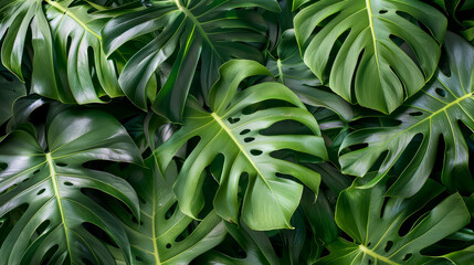 Green jungle background. Tropical monstera plant leaves.