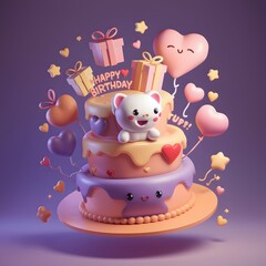 kawaki style 3d render illustration of cute birthday cake with gift boxes, balloons, stars, love shapes. Birthday celebration greeting card, template, banner