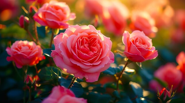 Pink roses in the sunlight.