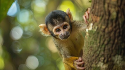 Naklejka premium Small brown monkey, forest, playful, adorable, standing on tree, portrait.