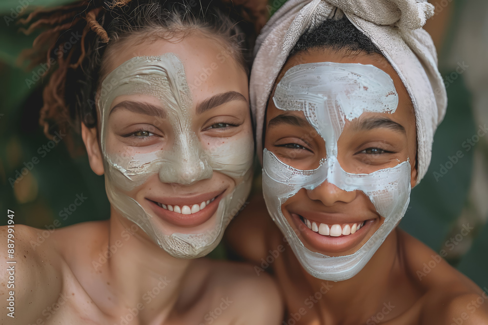 Wall mural photography, 2 diverse women with beauty face masks on their faces, smiling, happy, natural.