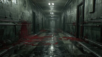 Fototapeta premium Hallucinating Lunatic: Paranoid Figure in Dark Corridor with Trendy 2024 Textures