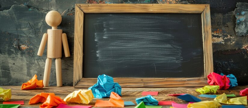 Wooden stick figure positioned beside a chalkboard with scattered colorful crumpled papers on the floor offering a copy space image