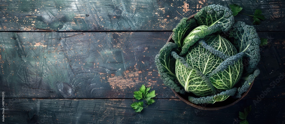 Poster Top down view of a wooden background with a bowl filled with savoy cabbage creating an ideal copy space image