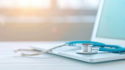 Blue Stethoscope on Light Blue Table with Open Laptop