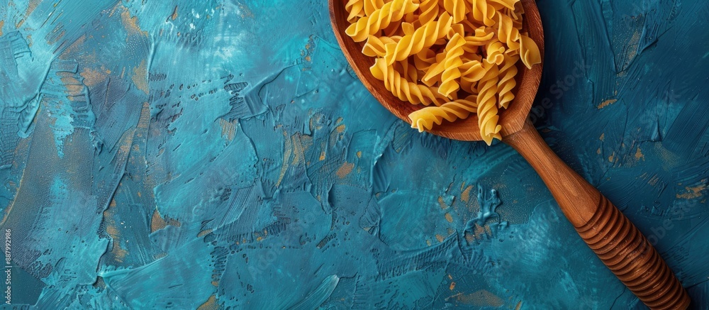 Poster Top down view of dry pasta in a wooden spoon on a blue textured background with a designated area for additional text or images