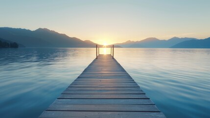 Obraz premium Tranquil Pier Leading to a Serene Island amidst Majestic Mountain Range