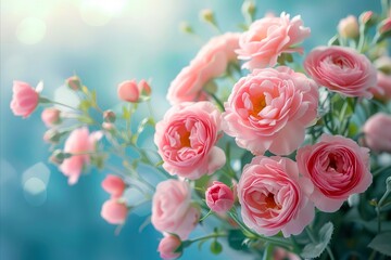 Fototapeta premium Pink roses in a vase on a blue background.