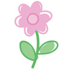 Illustration of pastel pink flower and green leaves for floral print, sticker, nature, garden, home decor, spring, summer, plants, tree, blossom, cute patches, shirt print, plush toy, kid doll, emoji