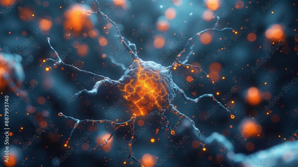 Poster A 3D rendering of a neuron, showing its intricate structure and glowing nucleus.
