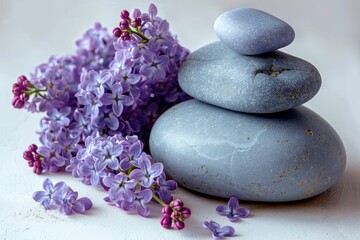 Spa  Spa  Spa  Spa stones and lilac flower  isolated on white background.  Spa  Spa 