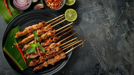 Tasty Thai skewers with leaf of palm and red chili