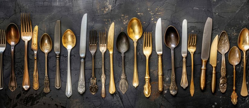 Assortment of gold and silver cutlery items like tablespoons dinner forks teaspoons and dessert forks elegantly arranged on a black background with copy space image