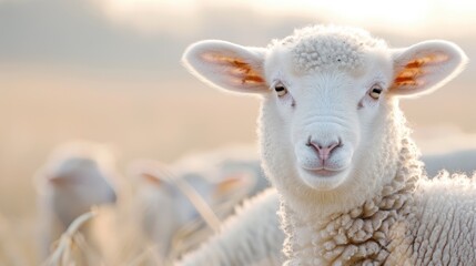 White Sheep with Yellow Eyes and Lambswool Ears on Grassy Field
