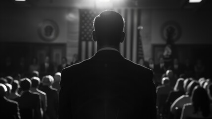 Fototapeta premium Black and White Cinematic Shot of a Speaker at a Presidential Event