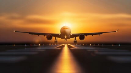 Naklejka premium Large Commercial Airplane on Runway at Sunset